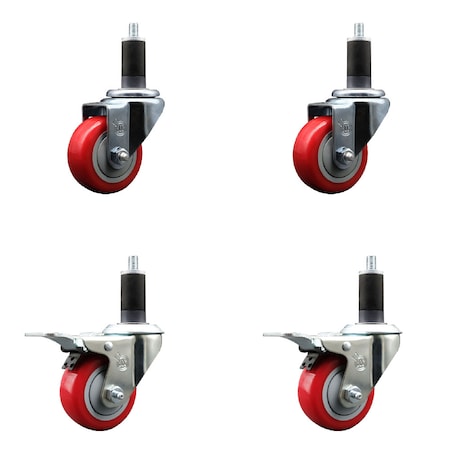 Service Caster 3'' SS Red Poly Swivel 1-1/4'' Expanding Stem Caster Set 2 Total Lock Brakes, 4PK SCC-SSEXTTL20S314-PPUB-RED-2-S-2-114